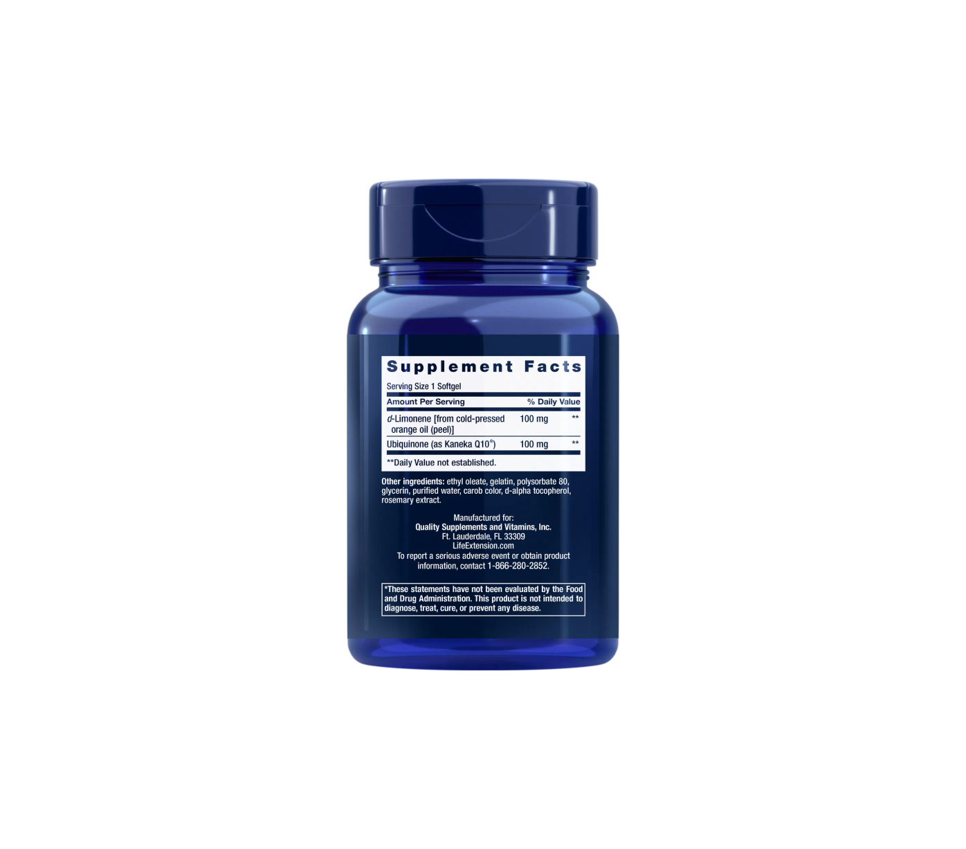 Life Extension Super-Absorbable CoQ10 (Ubiquinone) with d-Limonene in 100 mg 60 softgels, supplement facts